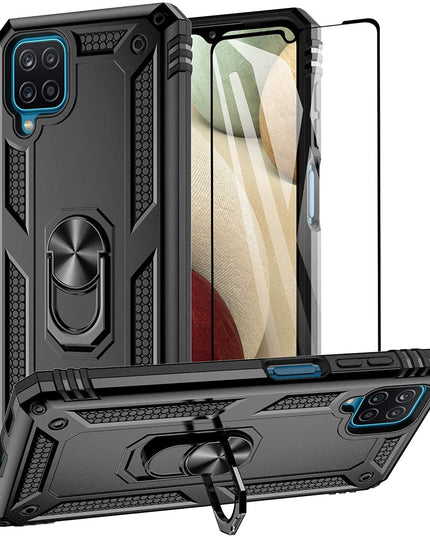 Samsung A12 Luxury Armor Ring Bracket Phone Case With 1-Pack Tempered Glass Screen Protector - Libiyi