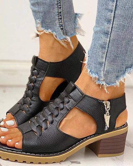 Libiyi Peep Toe Cutout Zipper Chunky Heeled Sandals - Libiyi